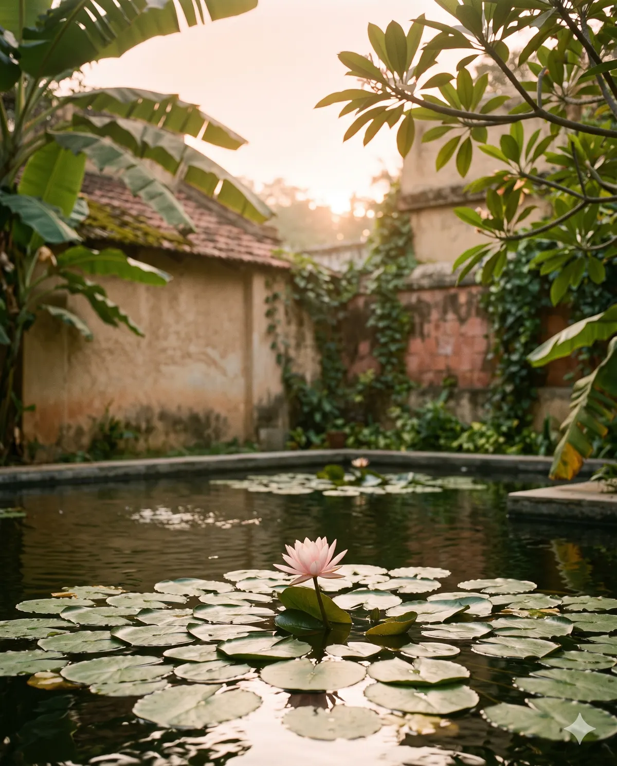 A pale pink lotus open on a still pond in a walled courtyard garden, framed by banana and frangipani leaves in golden evening light.
