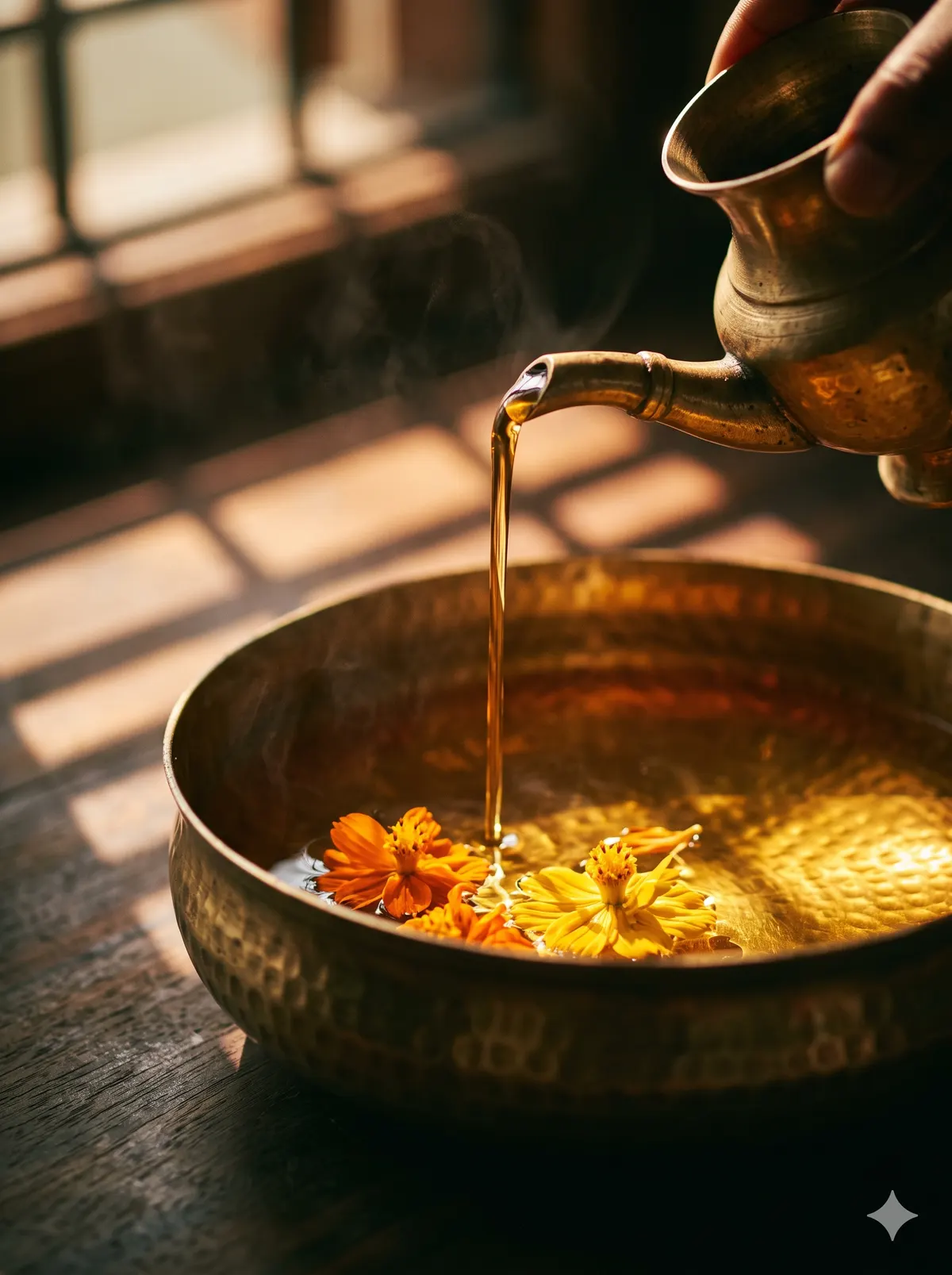 Warm sesame oil poured from a brass kindi into a hammered brass bowl with marigold petals, steam rising in the window light.