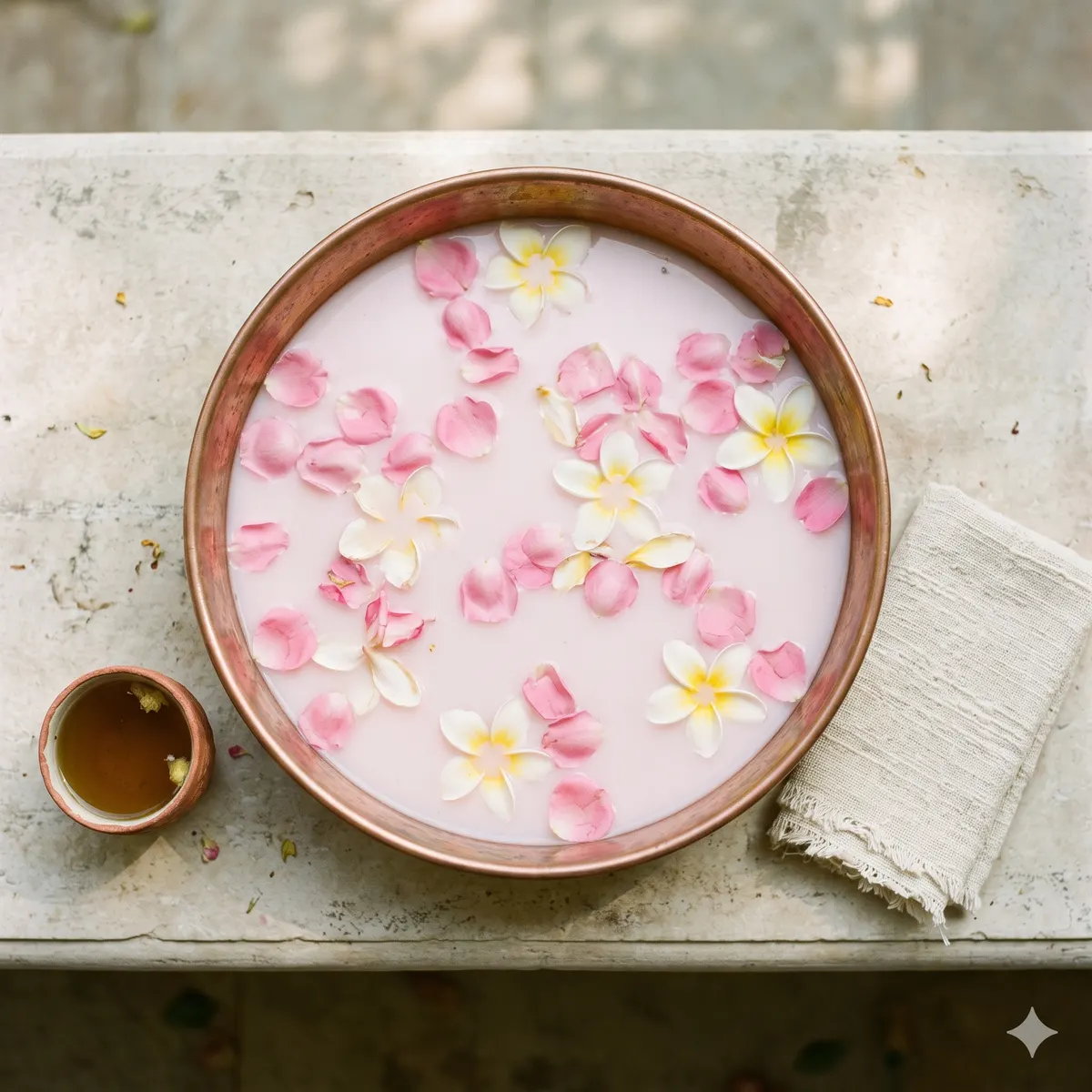 Seen from above, a copper basin of rose-milk bath scattered with rose and frangipani petals.