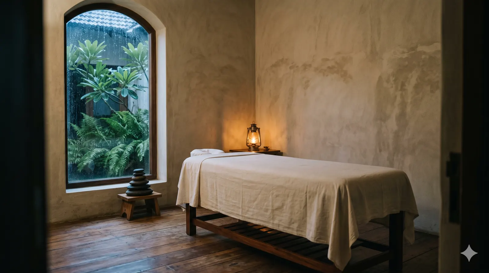 A treatment suite at dusk: a linen-covered massage bed, a lit lantern, river stones and an arched window onto rain-wet ferns.