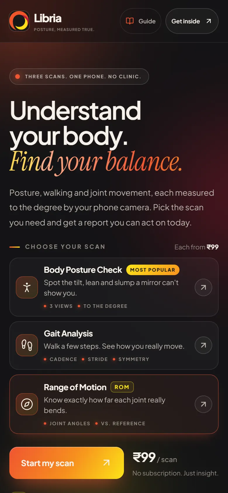 Libria on a phone: the three scans, body posture check, gait analysis and range of motion, with Start my scan