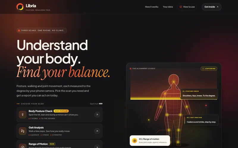 The Libria website: Understand your body. Find your balance. With the body posture check, gait analysis and range of motion scans beside a body map