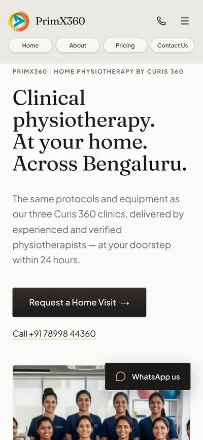 PrimX360 on a phone: home physiotherapy by Curis 360, with Request a Home Visit and a call button
